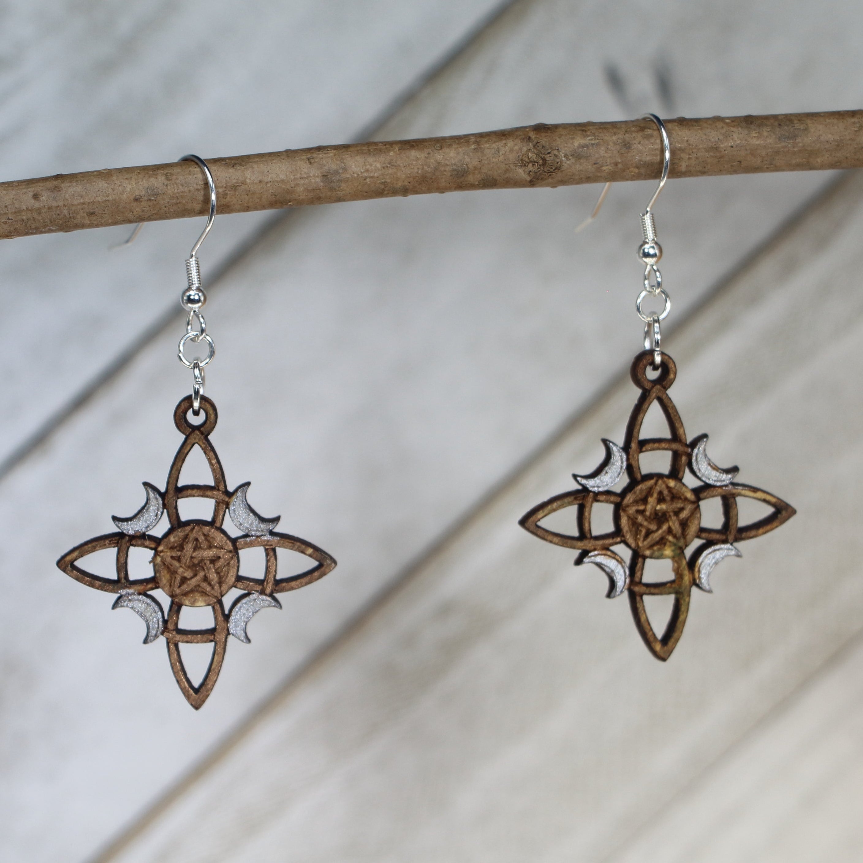 Triple Moon Pentacle Wooden Dangle Earrings | Wiccan Pagan Jewelry detail view by Cate's Concepts, LLC