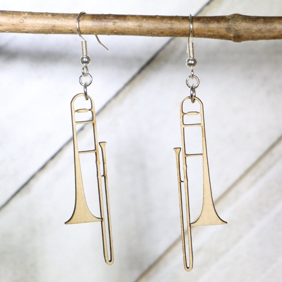 Trombone Wooden Earrings | Band Musician Jewelry by Cate's Concepts, LLC, handmade jewelry main product photo
