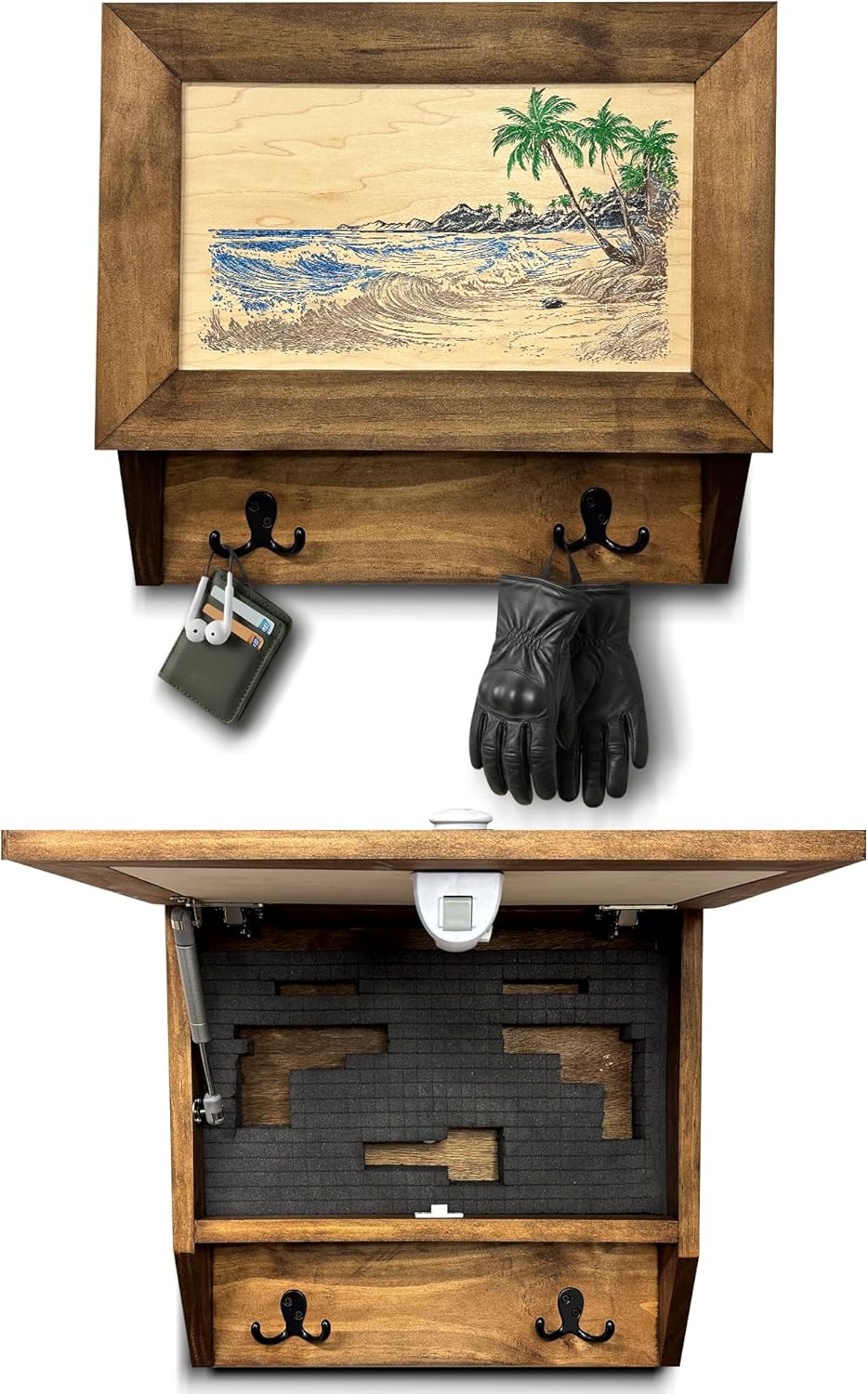 Tropical Paradise Hidden Gun Storage Coat Rack with Hooks for Coats, Bags, & Hats - Quick Access Concealment Shelf with Magnetic Lock - Handcrafted Gu by Bellewood Designs