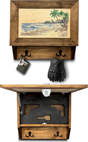Tropical Paradise Hidden Gun Storage Coat Rack with Hooks for Coats, Bags, & Hats - Quick Access Concealment Shelf with Magnetic Lock - Handcrafted Gu by Bellewood Designs