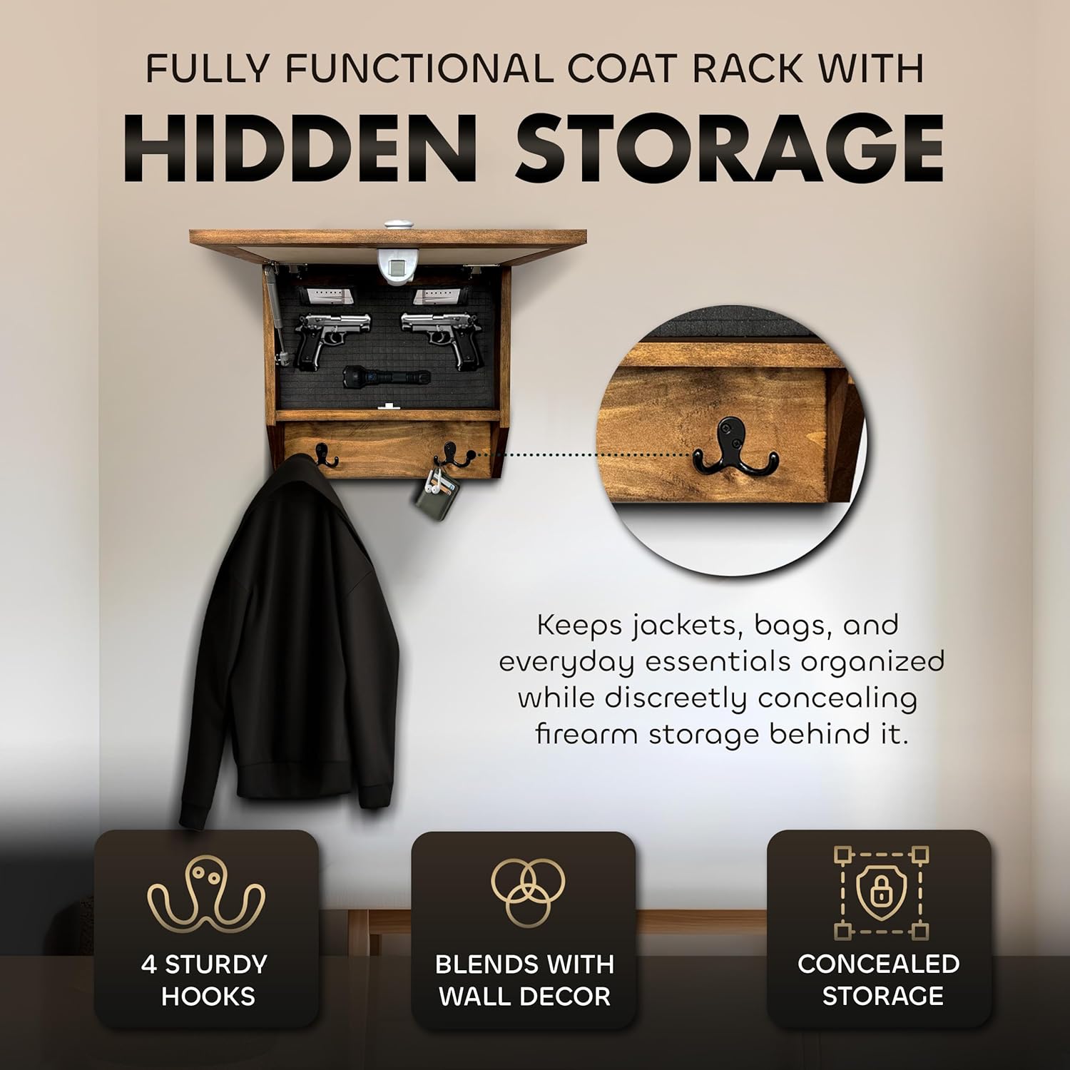 Tropical Paradise Hidden Gun Storage Coat Rack with Hooks for Coats, Bags, & Hats - Quick Access Concealment Shelf with Magnetic Lock - Handcrafted Gu by Bellewood Designs
