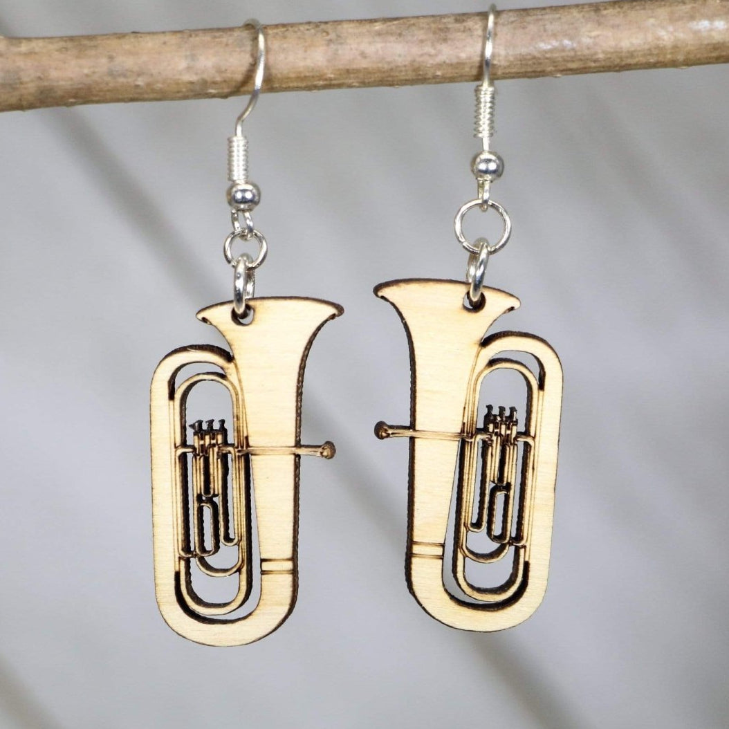 Tuba Wooden Earrings | Band Musician Jewelry detail view by Cate's Concepts, LLC