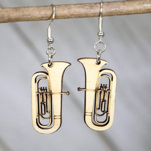 Tuba Wooden Earrings | Band Musician Jewelry detail view by Cate's Concepts, LLC