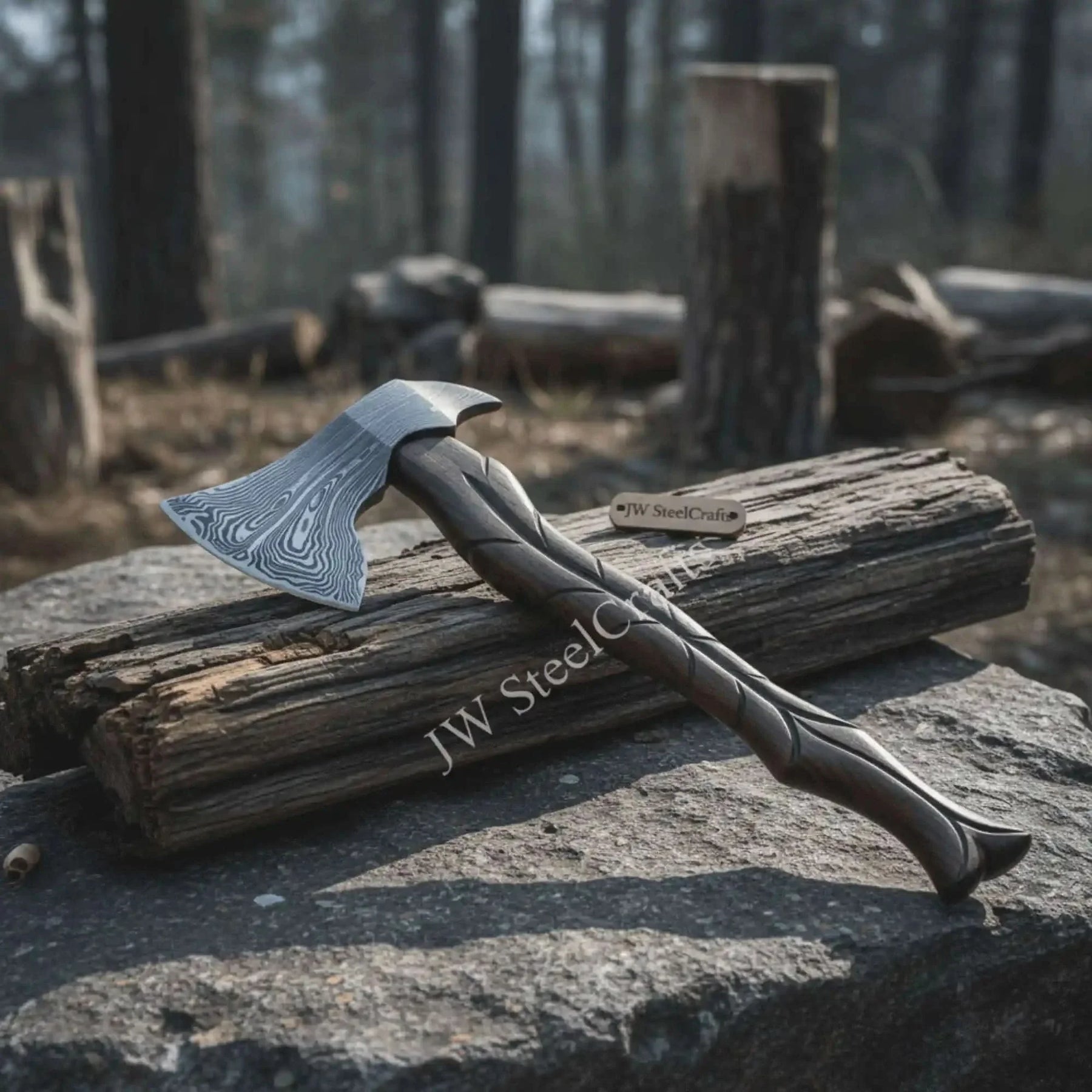 Hand-Forged Damascus Viking Axe – Carved Hardwood Handle | Bushcraft, Camping & Display Collectible by JW SteelCrafts, Southern handmade gift main product photo