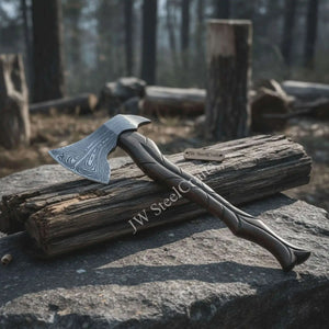 Hand-Forged Damascus Viking Axe – Carved Hardwood Handle | Bushcraft, Camping & Display Collectible by JW SteelCrafts, Southern handmade gift main product photo