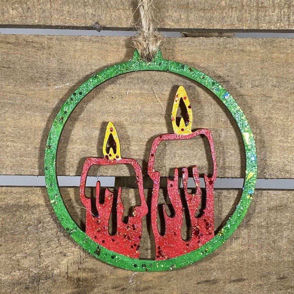 Two Candles in Circle Wooden Christmas Ornament | Elegant Holiday Decor by Cate's Concepts, LLC, scented candle main product photo
