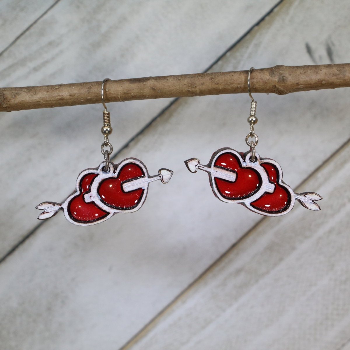Two Hearts Arrow Wooden Dangle Earrings | Romantic Jewelry by Cate's Concepts, LLC
