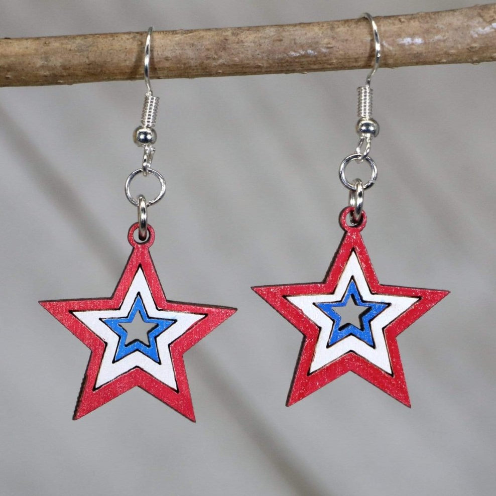 USA Stars Wooden Earrings | Patriotic American Flag Jewelry detail view by Cate's Concepts, LLC