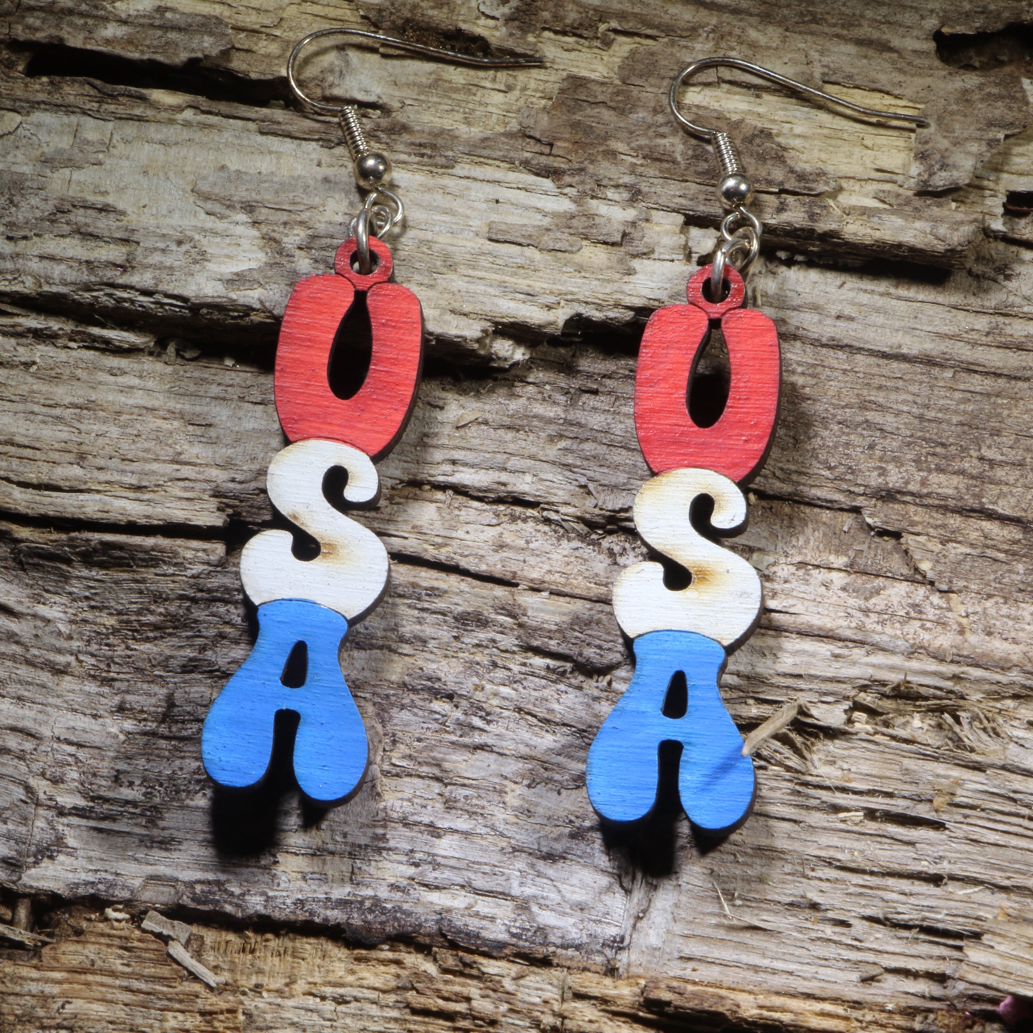 USA Wooden Dangle Earrings | Patriotic American Jewelry by Cate's Concepts, LLC