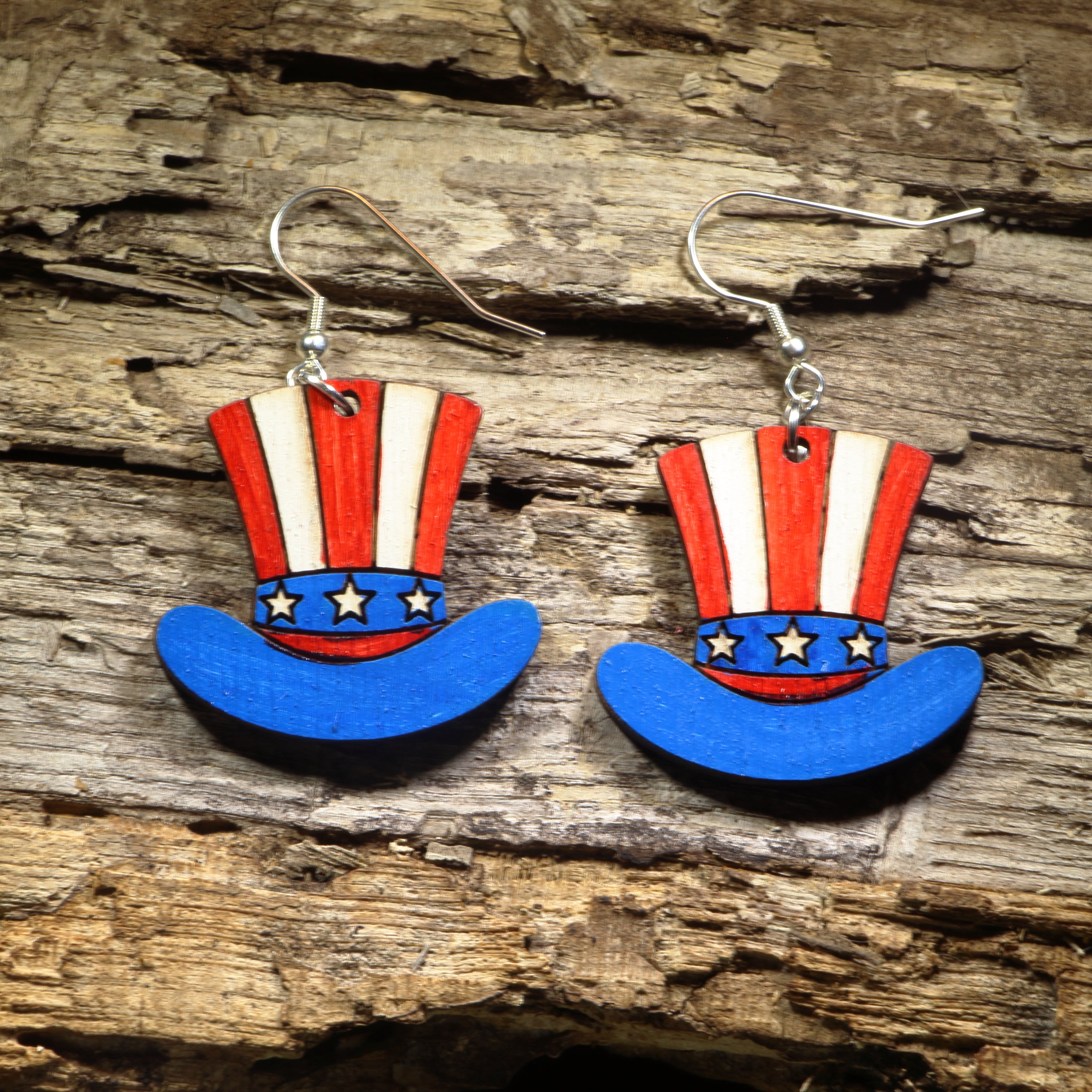Uncle Sam Hat Wooden Dangle Earrings | Patriotic Americana Jewelry by Cate's Concepts, LLC