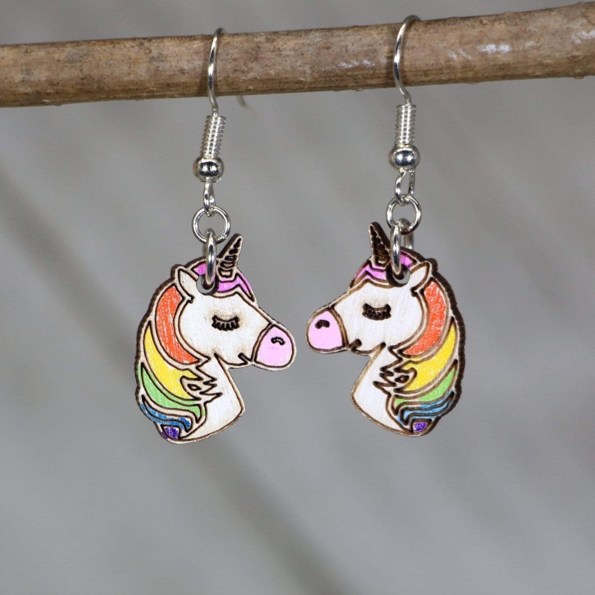Unicorn Wooden Dangle Earrings | Magical Fantasy Jewelry detail view by Cate's Concepts, LLC