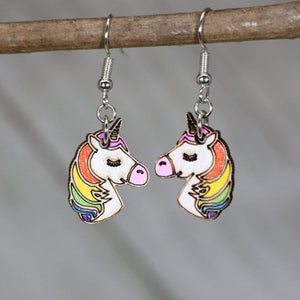 Unicorn Wooden Dangle Earrings | Magical Fantasy Jewelry detail view by Cate's Concepts, LLC