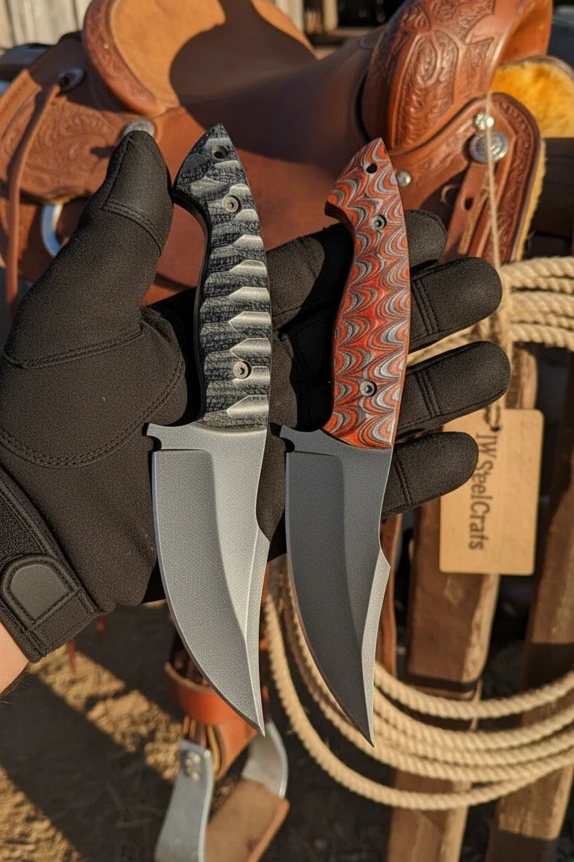 Black Powder-Coated Skinner Knife Pair 8.5” Damascus by JW SteelCrafts