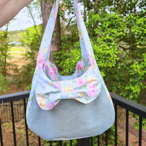 Upcycled Denim Shoulder Bag with Floral Bow, Handmade Denim Purse, Small Hobo Bag by Maypop House Designs, handmade leather goods detail photo 2