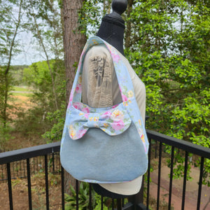 Upcycled Denim Shoulder Bag with Floral Bow, Handmade Denim Purse, Small Hobo Bag by Maypop House Designs, handmade leather goods detail photo 3