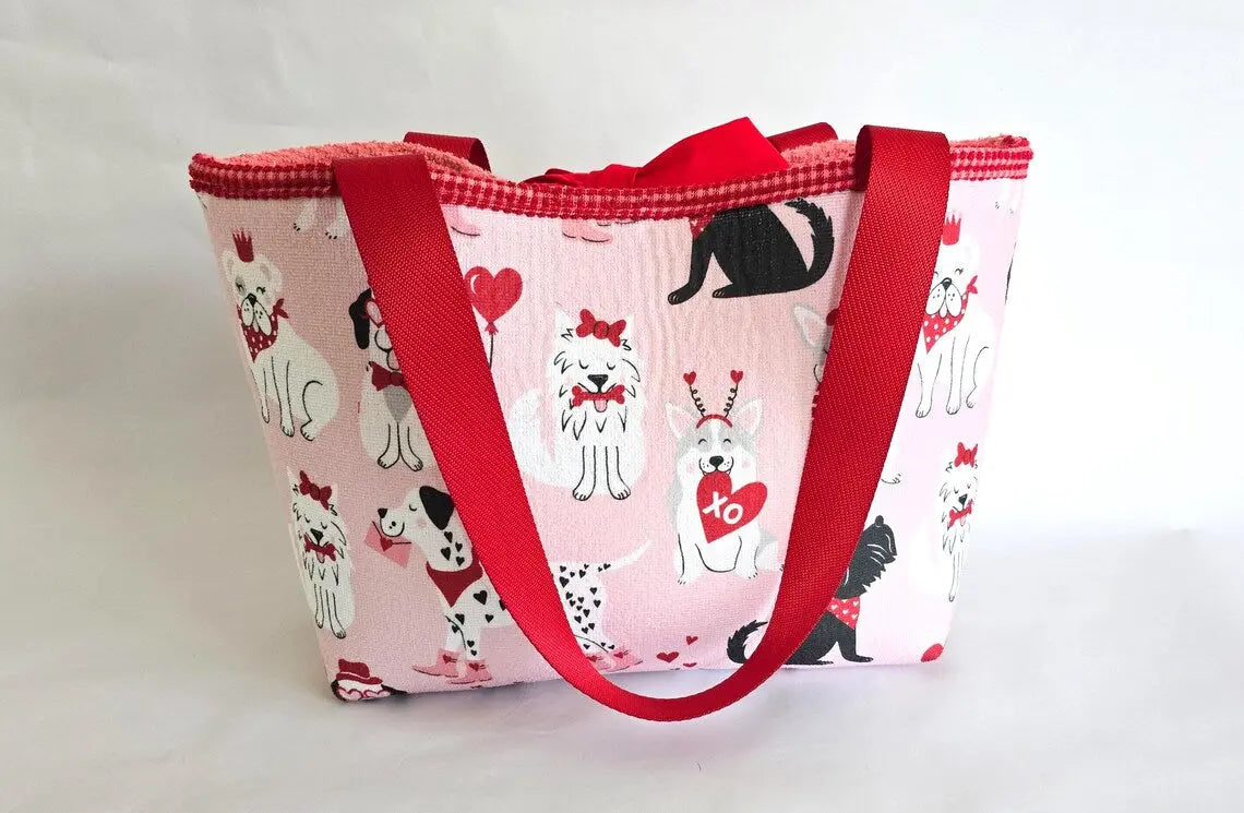 Valentine Dog Print Tote Bag – Handmade Pink Puppy Shoulder Bag, Cute Dog Lover Gift, Red Strap Everyday Carryall by Maypop House Designs, paper gift detail photo 2