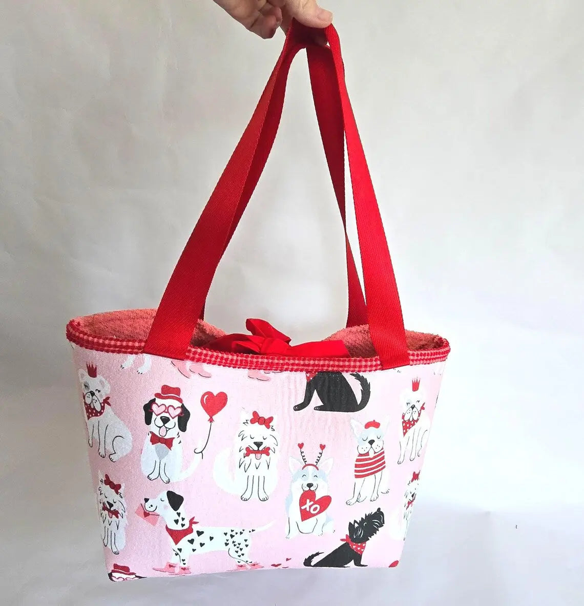 Valentine Dog Print Tote Bag – Handmade Pink Puppy Shoulder Bag, Cute Dog Lover Gift, Red Strap Everyday Carryall by Maypop House Designs, paper gift detail photo 4