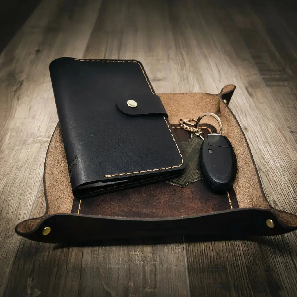 Handmade desk organizer leather valet tray