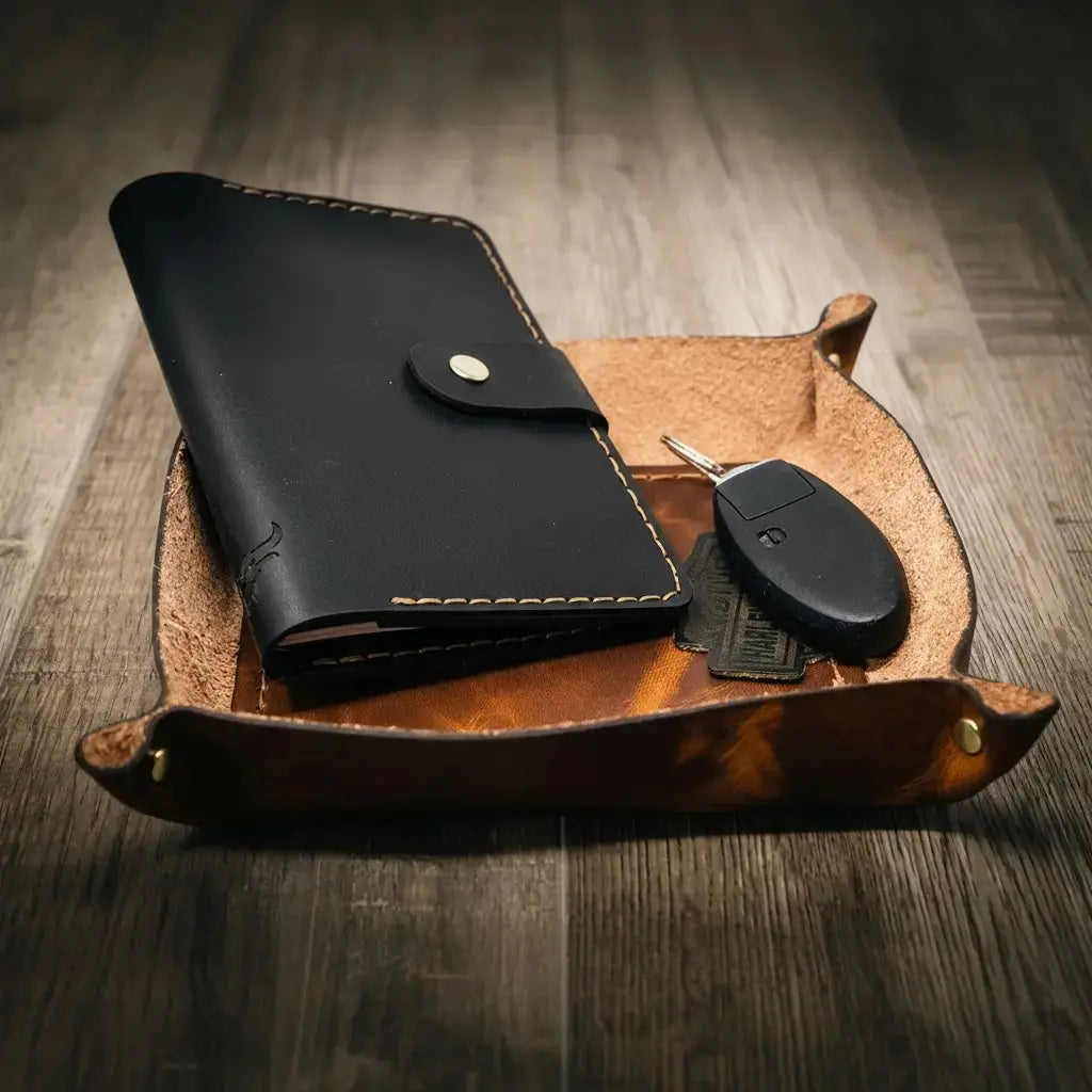 Texas made leather valet tray detail
