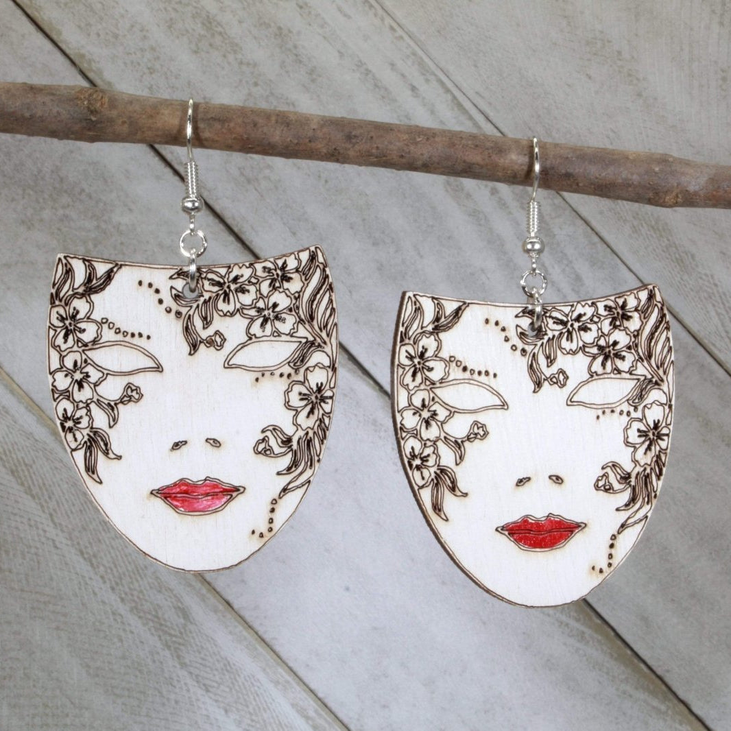 Venetian Mask Wooden Dangle Earrings | Masquerade Jewelry by Cate's Concepts, LLC