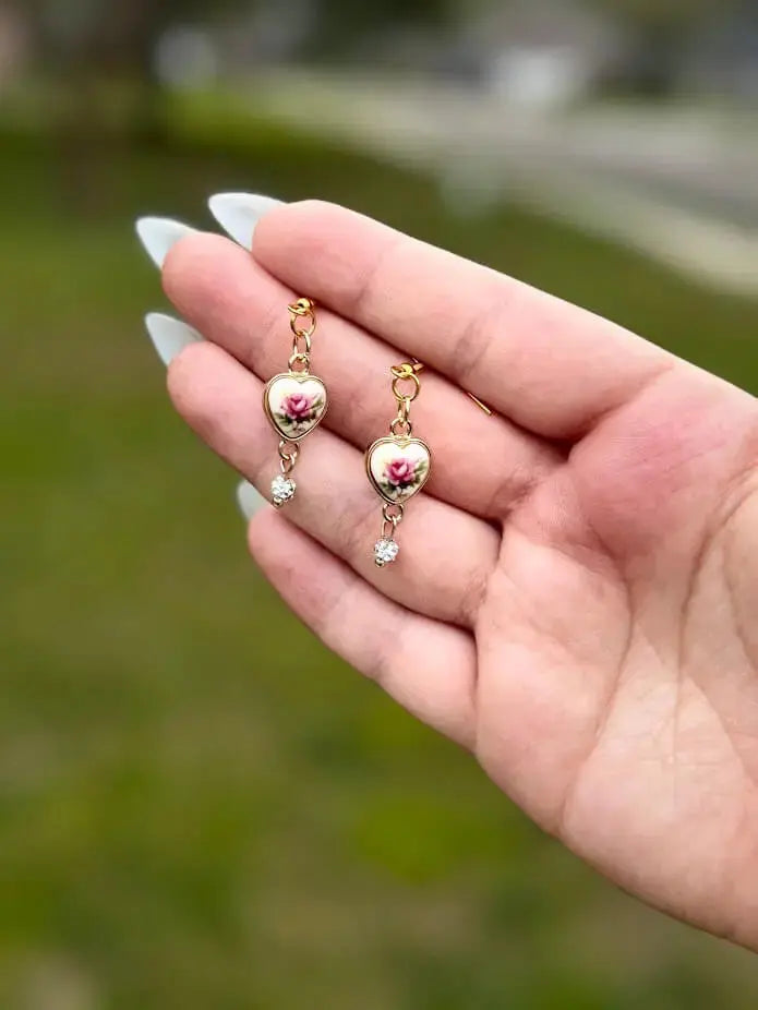 Vintage Gold Porcelain Heart Earrings | Romantic Jewelry Gift by Mushroom Lady Co, handmade jewelry detail photo 2
