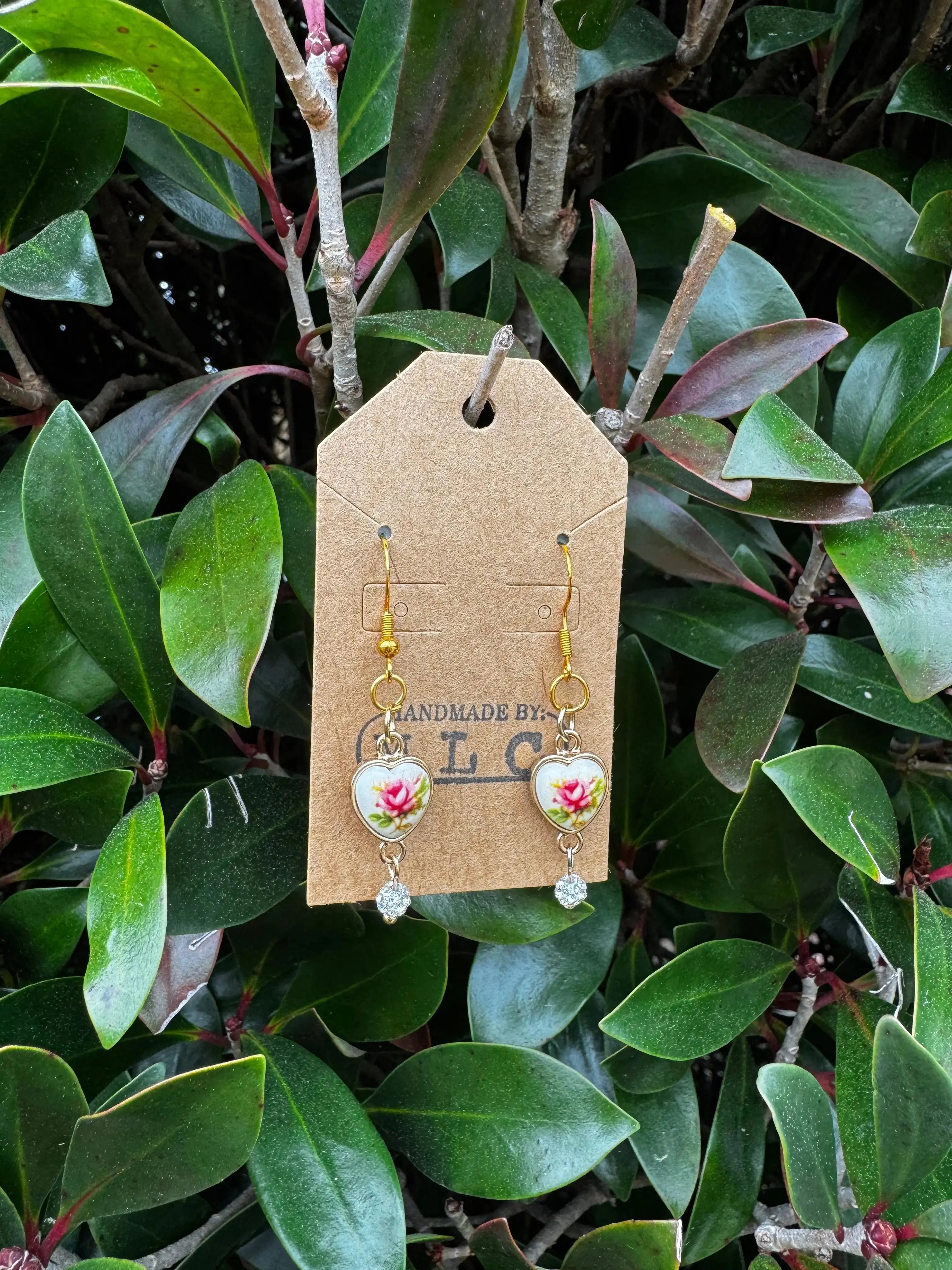 Vintage Gold Porcelain Heart Earrings | Romantic Jewelry Gift by Mushroom Lady Co, handmade jewelry main product photo