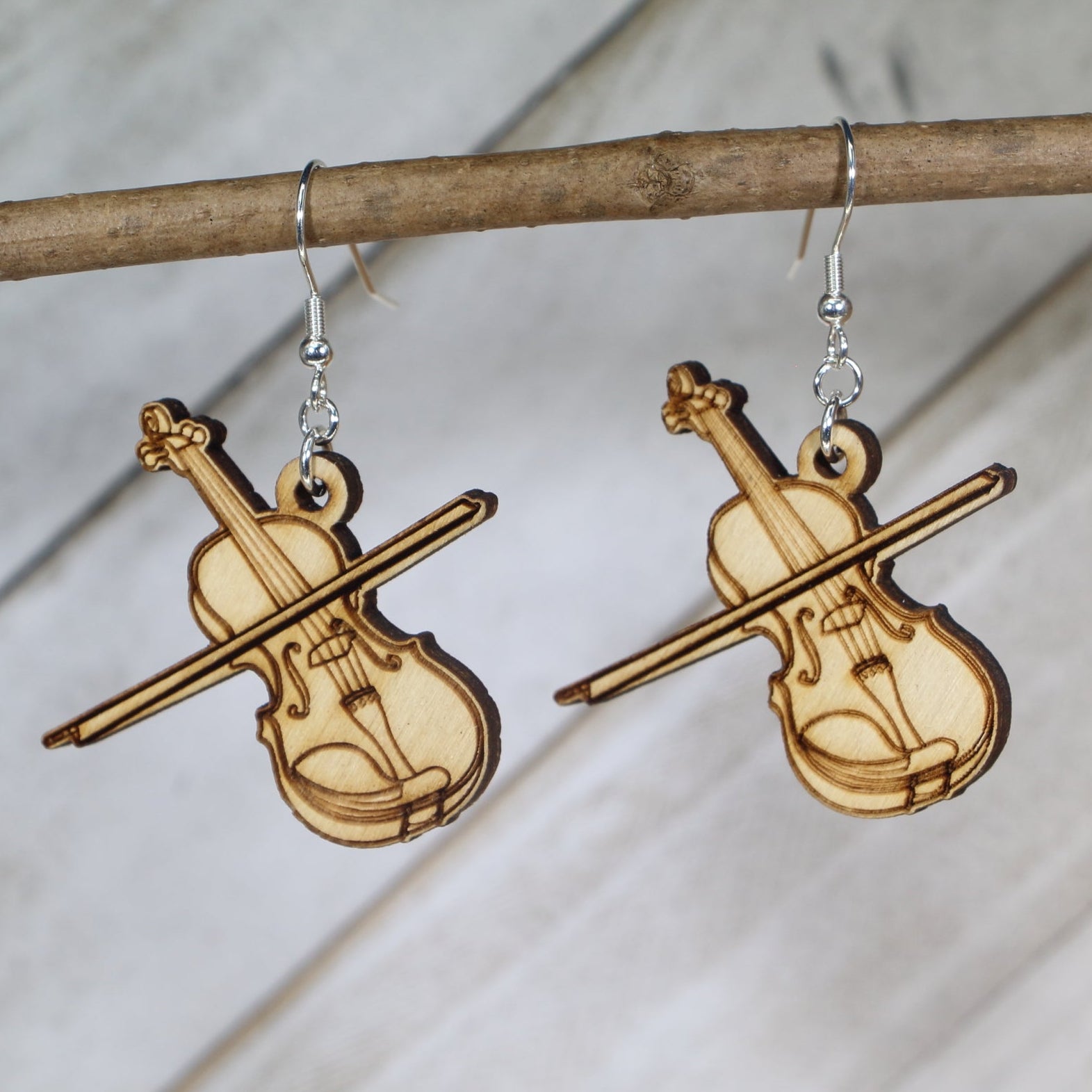 Violin Wooden Dangle Earrings | Music Instrument Jewelry detail view by Cate's Concepts, LLC
