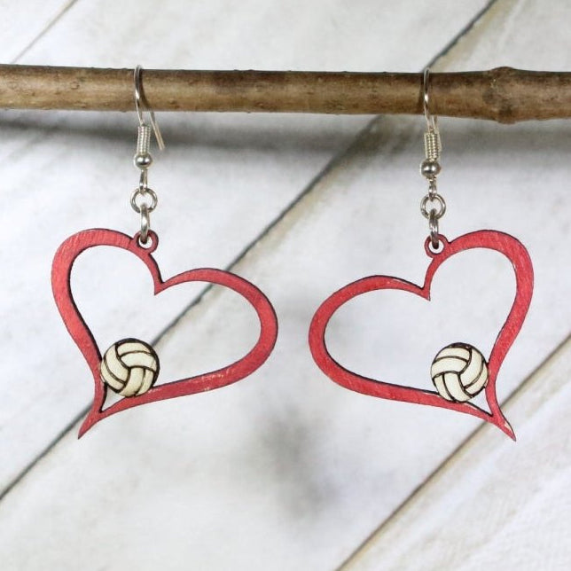 Volleyball Heart Wooden Earrings | Volleyball Mom Sports Jewelry by Cate's Concepts, LLC, handmade jewelry main product photo