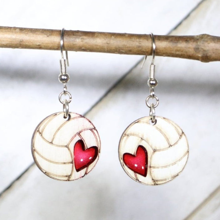 Volleyball Heart Wooden Earrings | Volleyball Mom Sports Jewelry