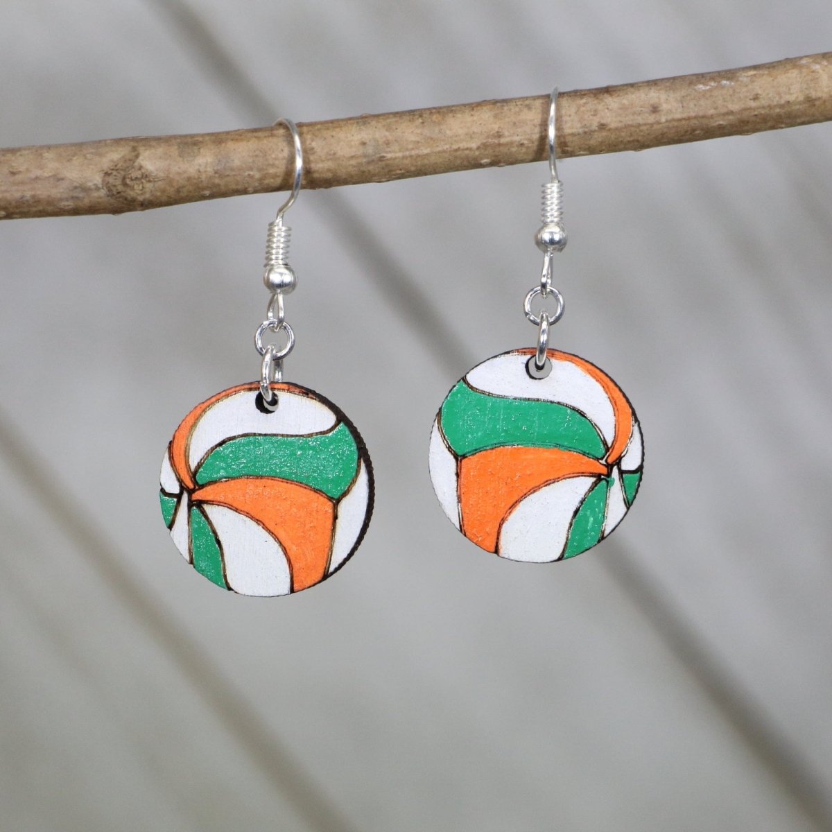 Volleyball Wooden Earrings | Green Orange White Sports Jewelry by Cate's Concepts, LLC, handmade jewelry main product photo