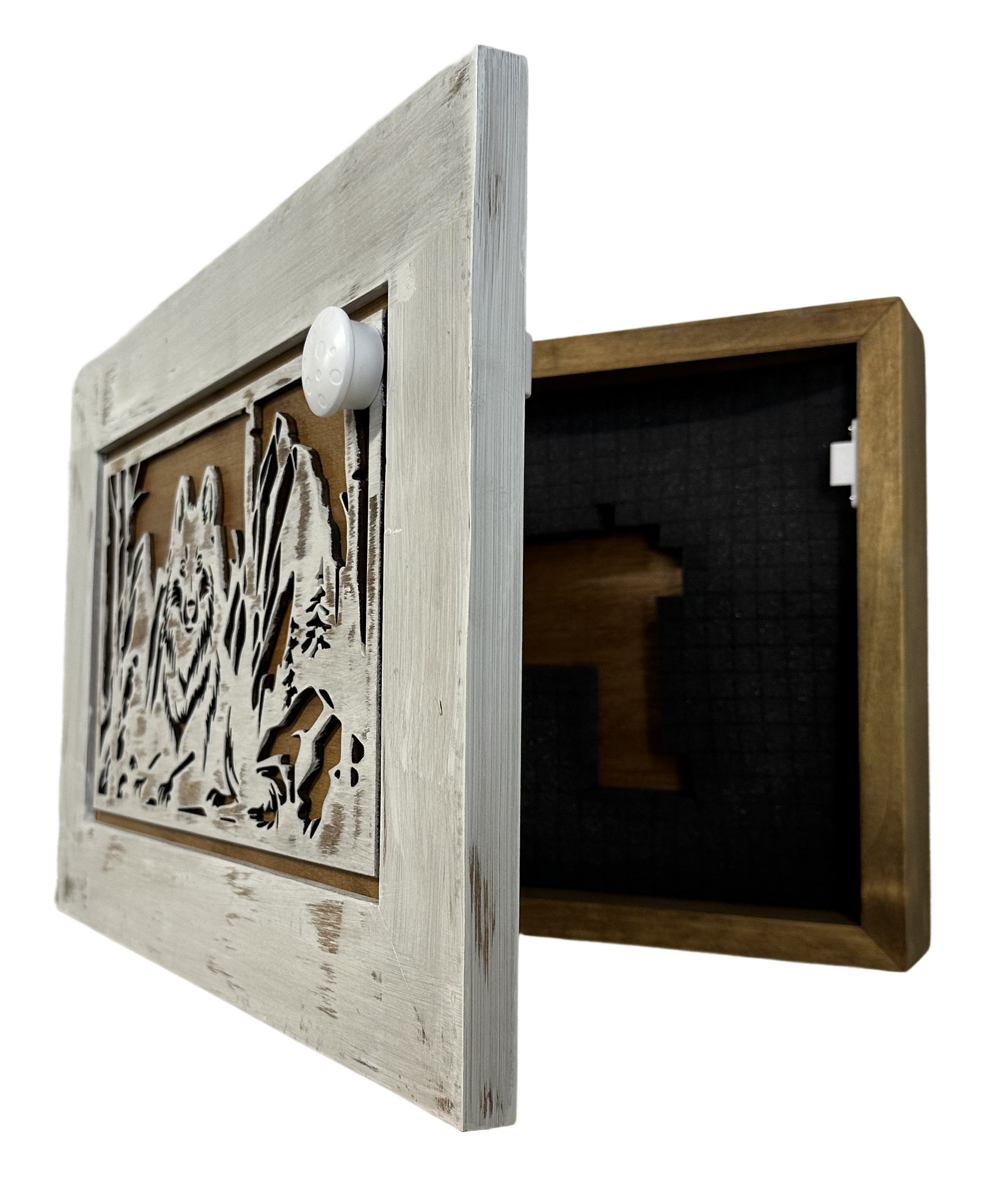 White Wolf Gun Concealment Furniture - Handcrafted Hidden Gun Storage Wall Decor - Hidden Gun Shelf with Magnetic Lock for Quick Access by Bellewood Designs, Southern home decor