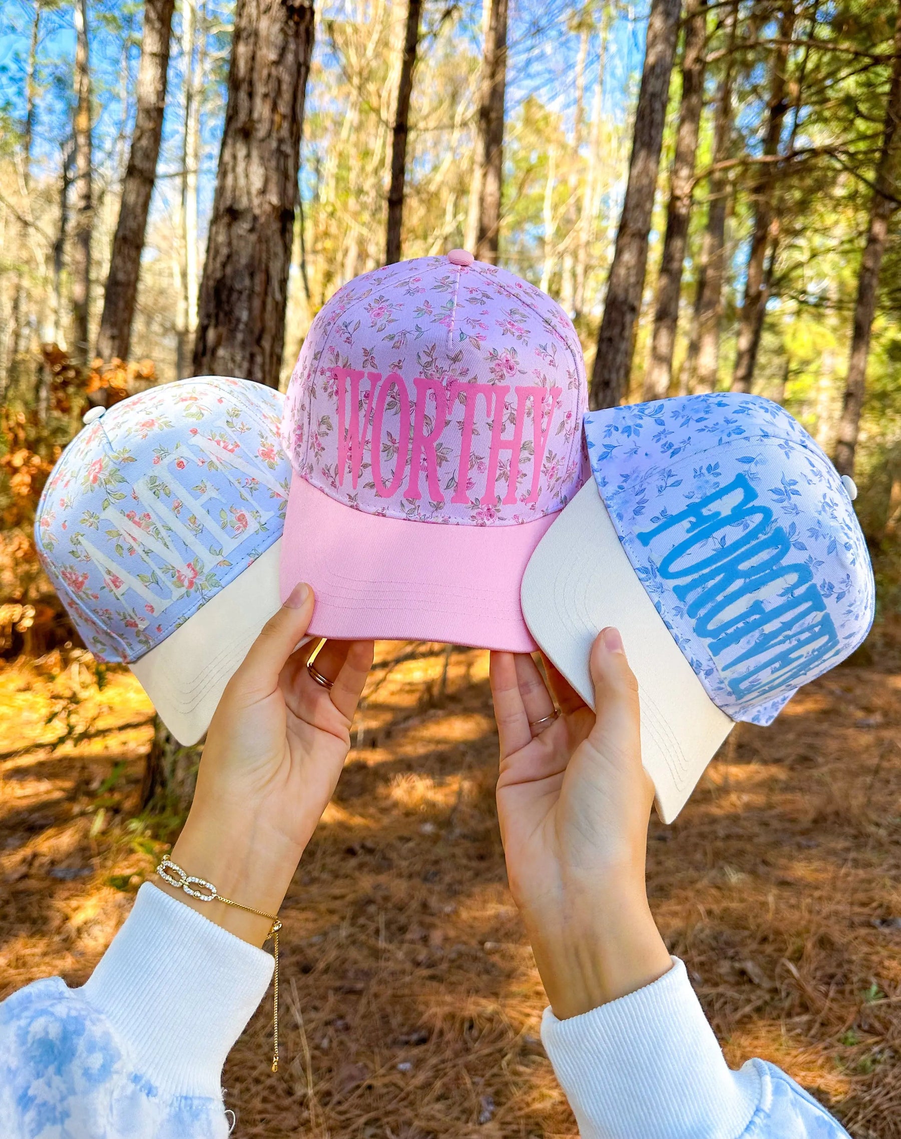 WORTHY Floral Light Pink Trucker Hat by Southern Bliss Company, Southern lifestyle apparel detail photo 2
