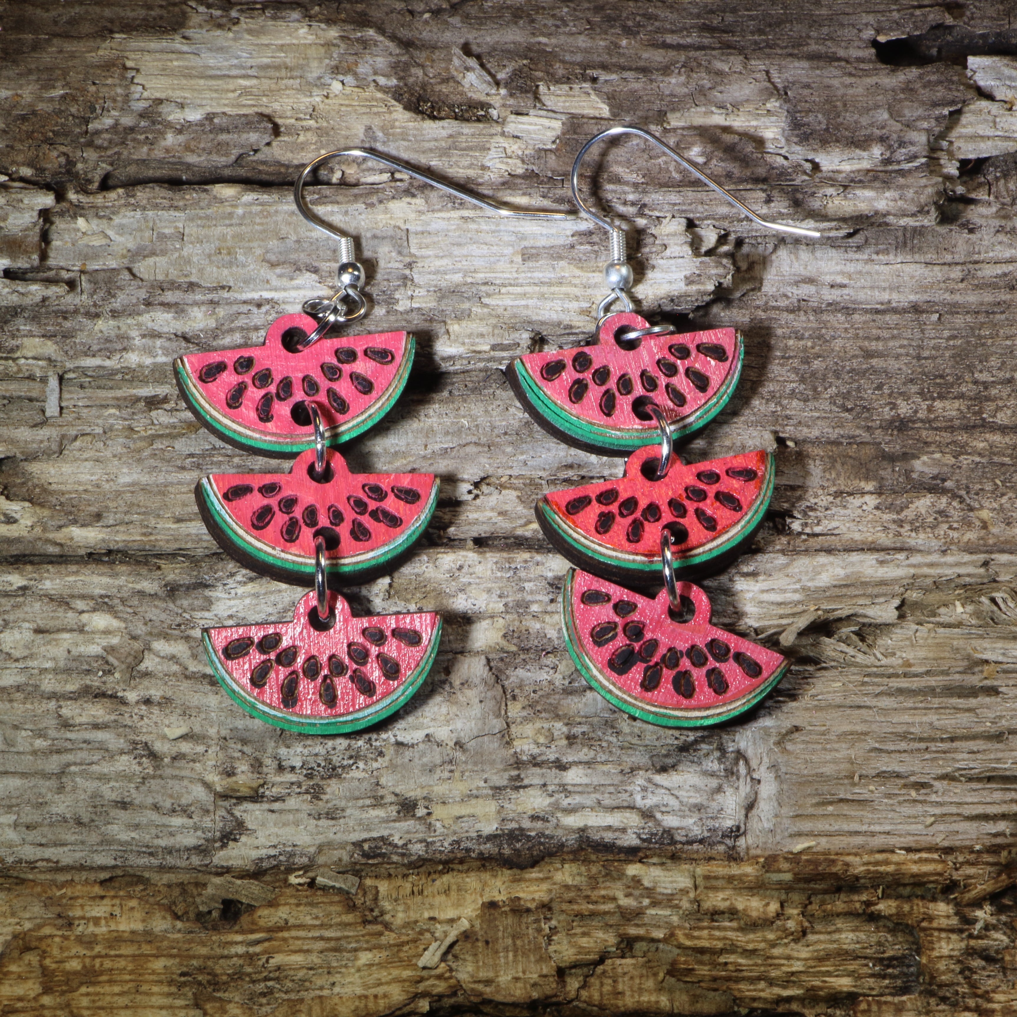 Watermelon Slice Cascade Wooden Dangle Earrings | Summer Fruit Jewelry by Cate's Concepts, LLC