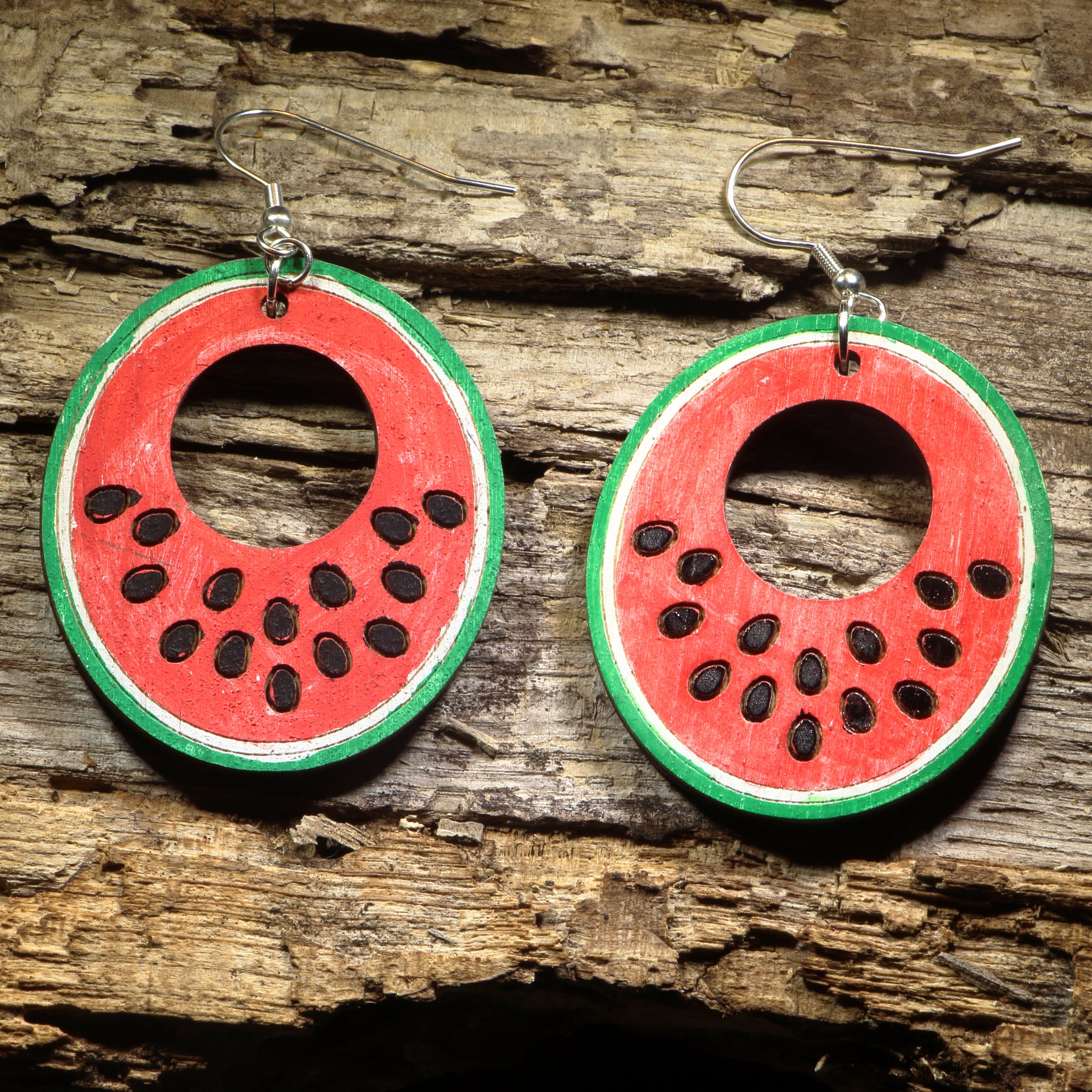 Watermelon Slice Hoop Wooden Dangle Earrings | Summer Fruit Jewelry by Cate's Concepts, LLC