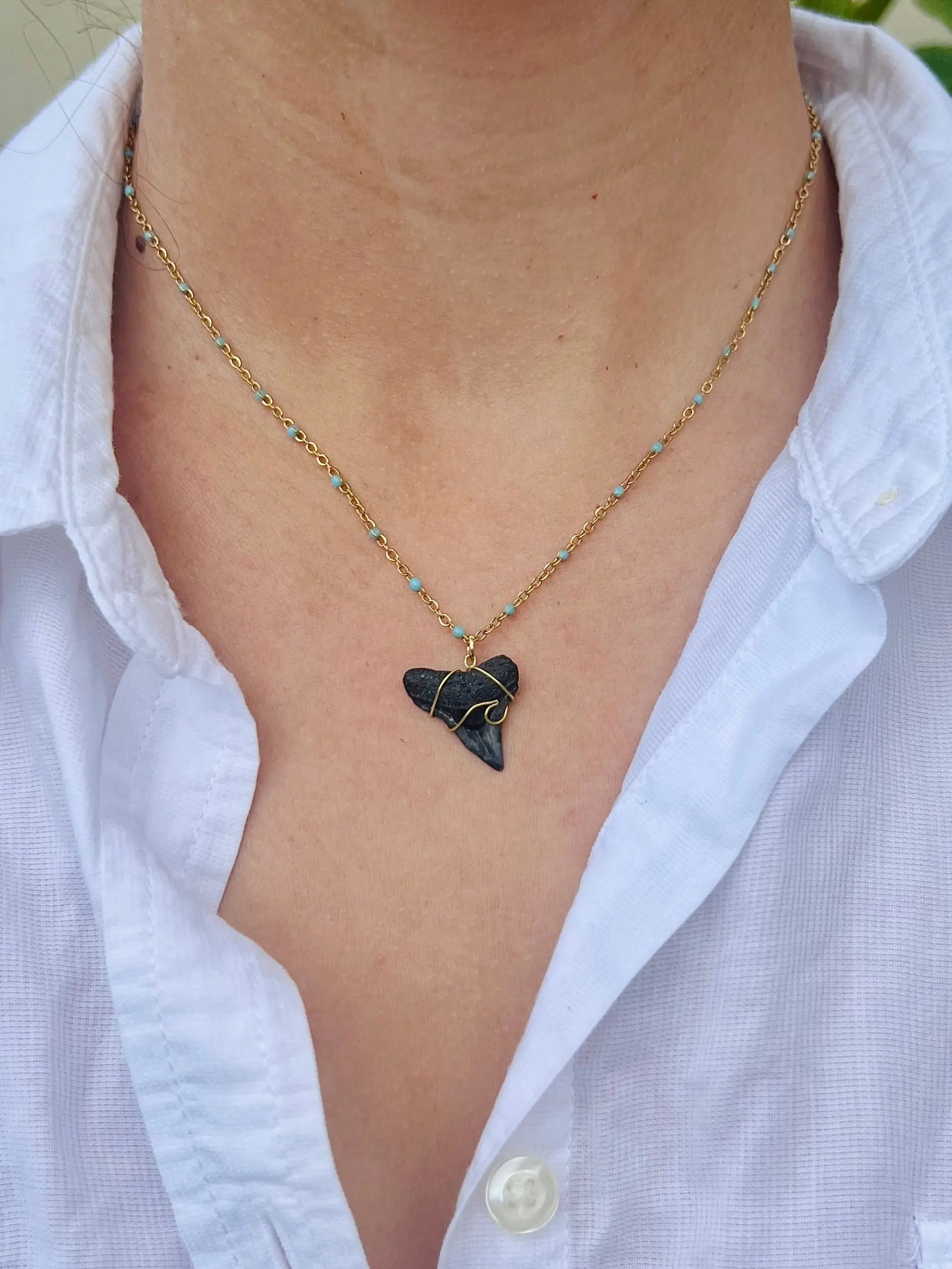 Wave Shark Tooth Necklace - Blue by HALT, handmade jewelry detail photo 2