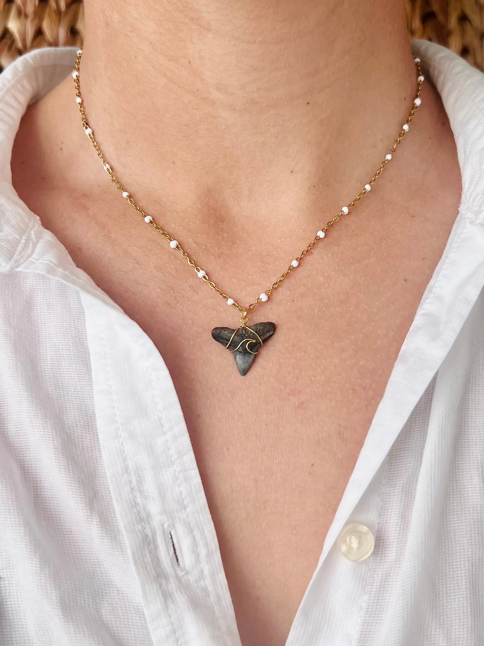 Wave Shark Tooth Necklace - White by HALT, handmade jewelry detail photo 2