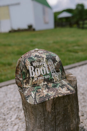 We'll Put A Boot in your Ass - Camo Trucker Hat by KenzKustomz, Southern lifestyle apparel detail photo 2
