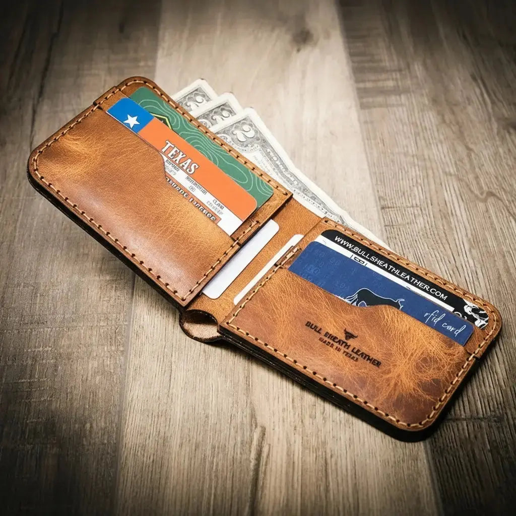 Western Bifold Wallet by Bull Sheath Leather, handmade leather goods detail photo 2