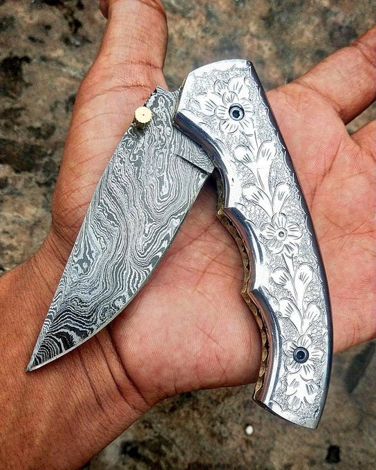 Handmade Damascus Steel EDC Folding Pocket Knife — Engrave Steel Handle