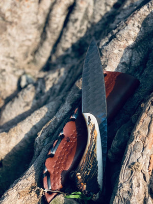 1095 Steel Hunting Knife | 9.5" | Black Coated Blade | Stag Horn Handle | Leather Sheath