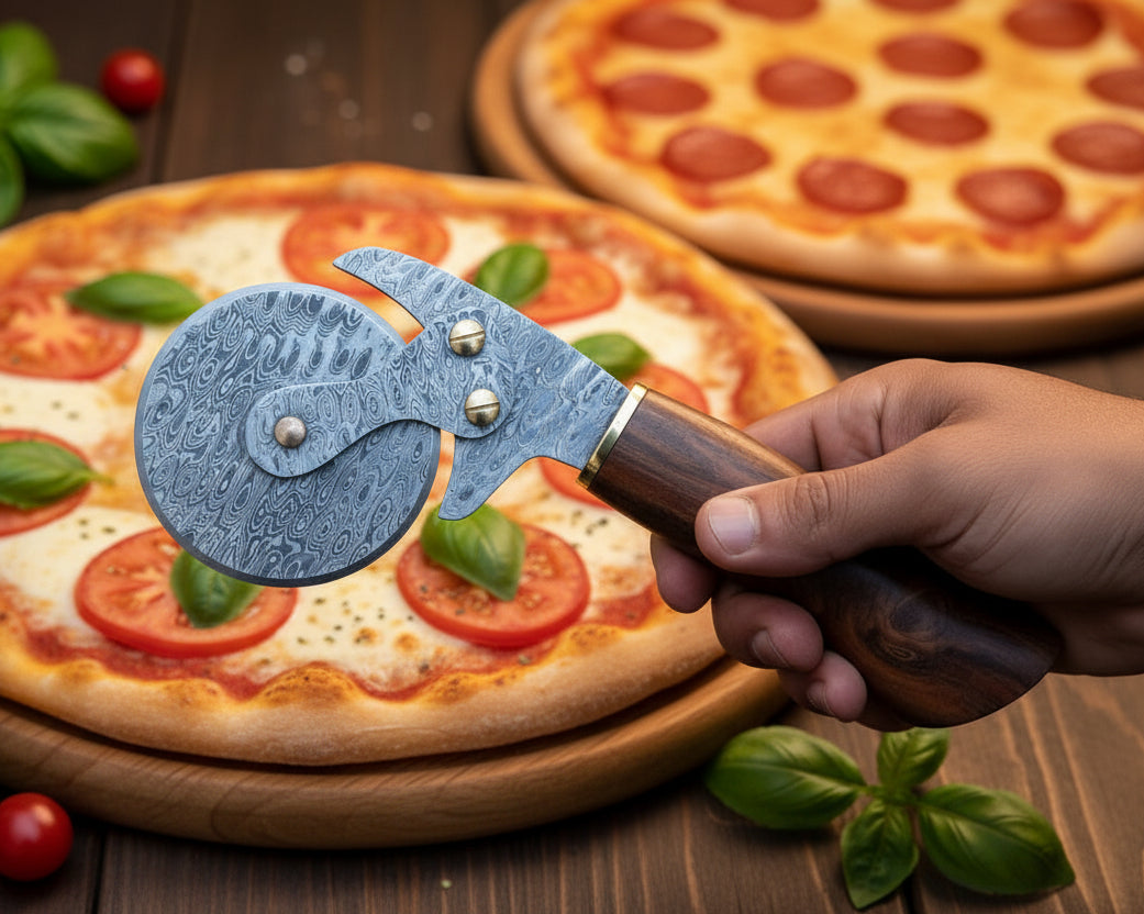 Damascus Pizza Cutter Axe | 10" | Rain Drop Pattern | Rose Wood & Brass Handle | Leather Sheath