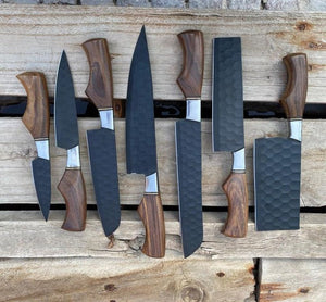 Custom Handmade Chef Knives Set / Kitchen Knives Set / 7Pcs Chef Set / Black Coated Blades Chef Knives Set / BBQ Knives Set / Best gift item / Mother Day Gift / Professional Chef For Gift
