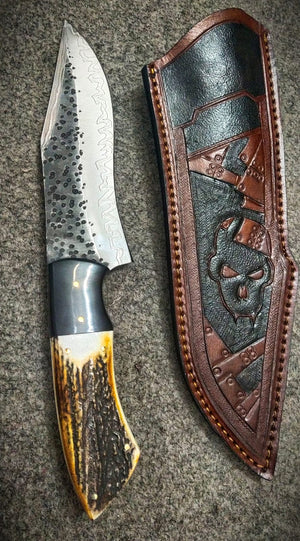 1095 Steel Bowie Knife | 12" | Camping & Hunting | Burl Antler & G10 Handle | Leather Sheath