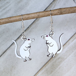 White Rat Wooden Dangle Earrings | Pet Rodent Animal Jewelry
