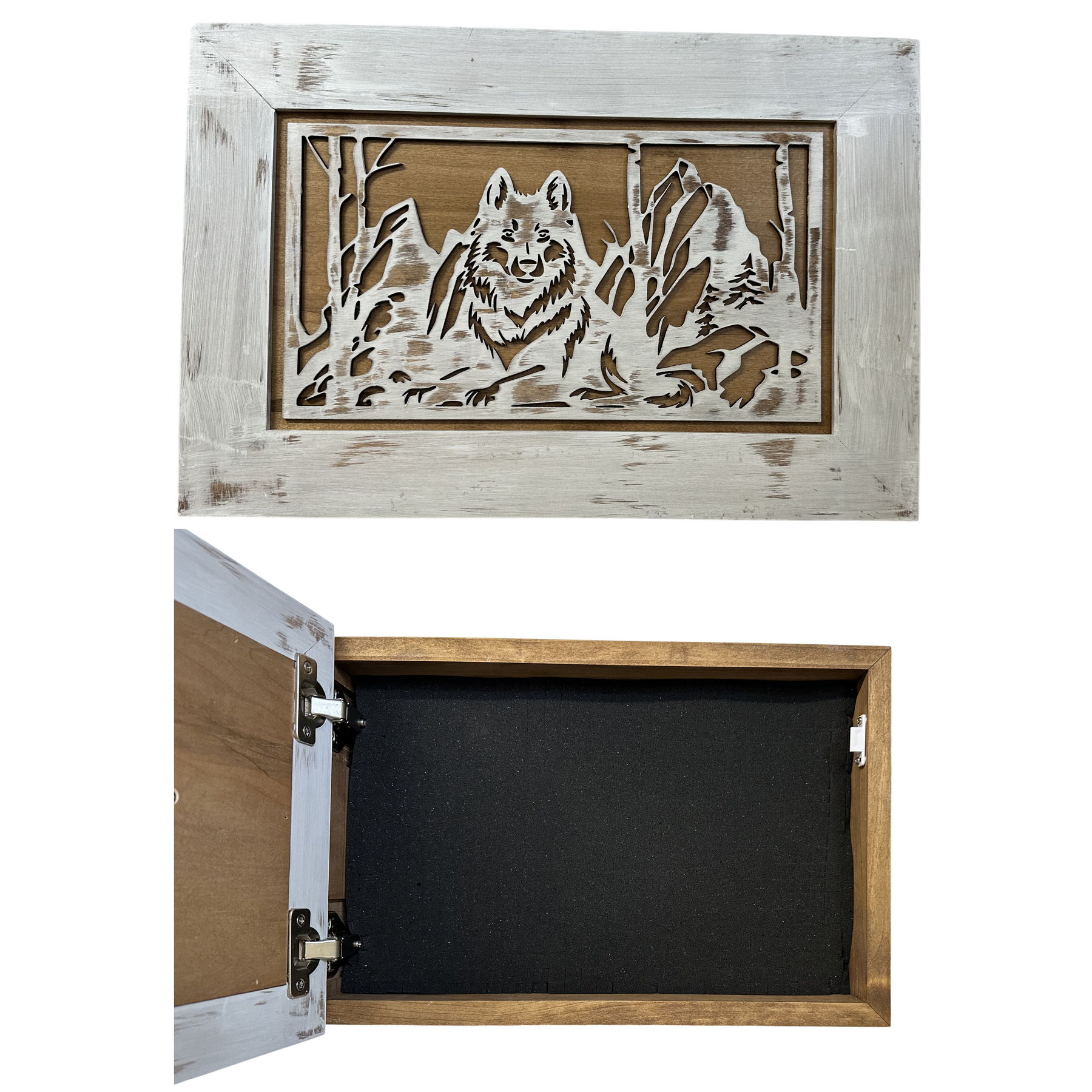 White Wolf Gun Concealment Furniture - Handcrafted Hidden Gun Storage Wall Decor - Hidden Gun Shelf with Magnetic Lock for Quick Access by Bellewood Designs, Southern home decor