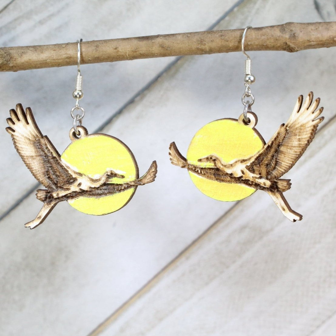 Whooping Crane Wooden Earrings | Bird Lover Wildlife Jewelry by Cate's Concepts, LLC, handmade jewelry main product photo
