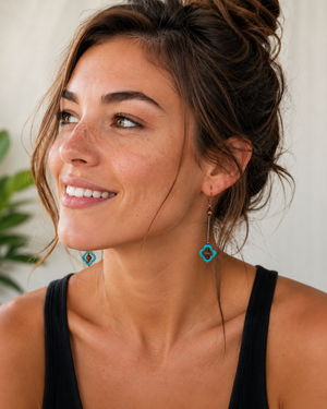 Turquoise and Brass Guitar String Earrings by N Harmony Jewelry, handmade jewelry detail photo 3