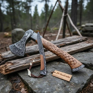 Hand Engraved Damascus Viking Axe with Carved Hardwood Handle and Matching Damascus Knife | Norse Collector Axe Set | JW SteelCrafts by JW SteelCrafts, Damascus knife main