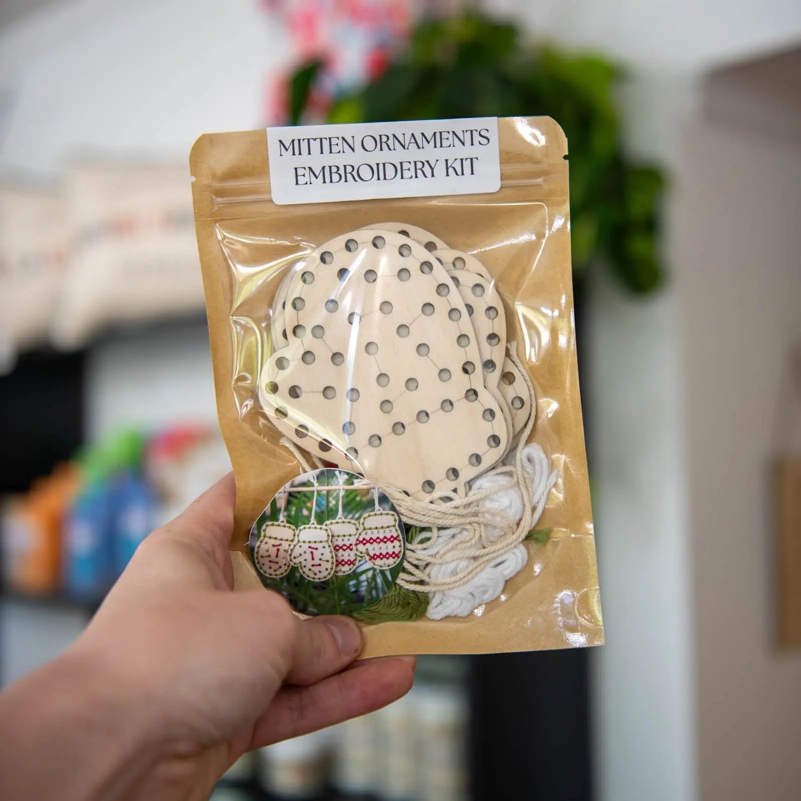 Yarn Christmas Mitten Ornaments Embroidery Kit by Still Magnolia, Southern home decor detail photo 2