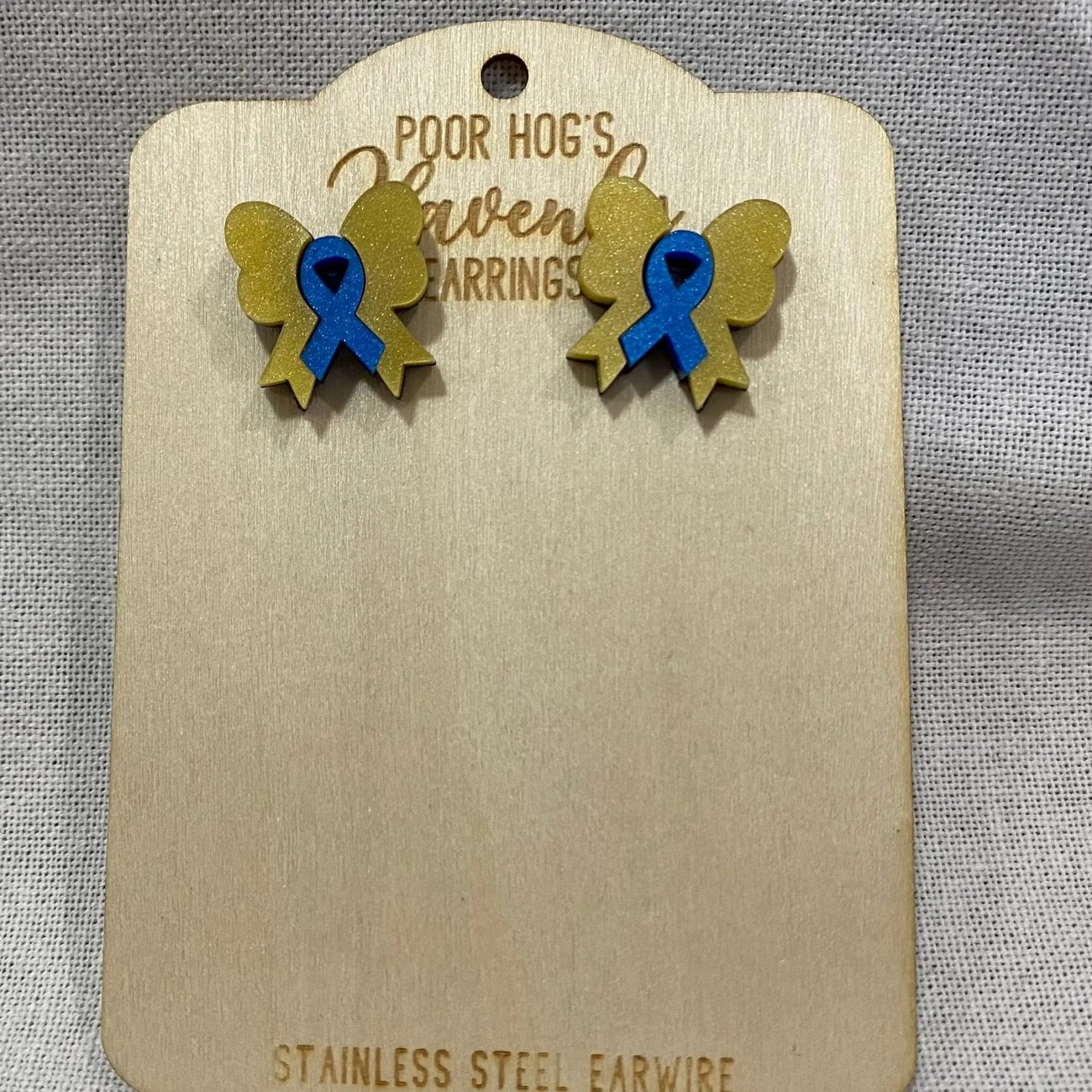 Yellow and Blue Ribbon Bow Stud Earrings by Poor Hog Customs, handmade jewelry detail photo 3